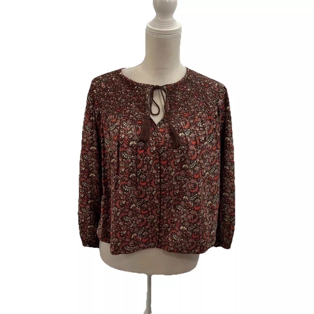 NWOT Lucky Brand Oversized Tie Neck Top Women’s XS Brown Floral Puff Sleeve